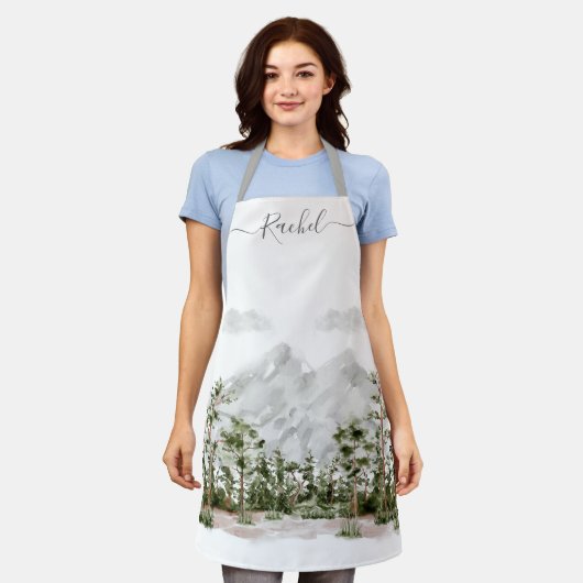 Mit Monogramm Wasserfarbengebirge und Wald Schürze (Getragen)