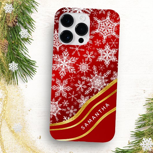 Mit Monogramm Weihnachts-Rot-Gold-Schneeflocken Case-Mate iPhone Hülle