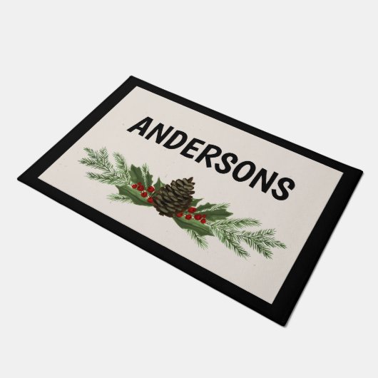 Mit Monogramm Weihnachtsfeier mit Pine Greenery Fußmatte (Schrägansicht)