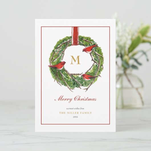 Mit Monogramm Weihnachtskranz Feiertagskarte (Stehend Vorderseite)