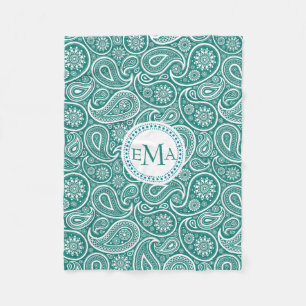 Mit Monogramm Weiß & Blau-Grün Retro Paisley Fleecedecke
