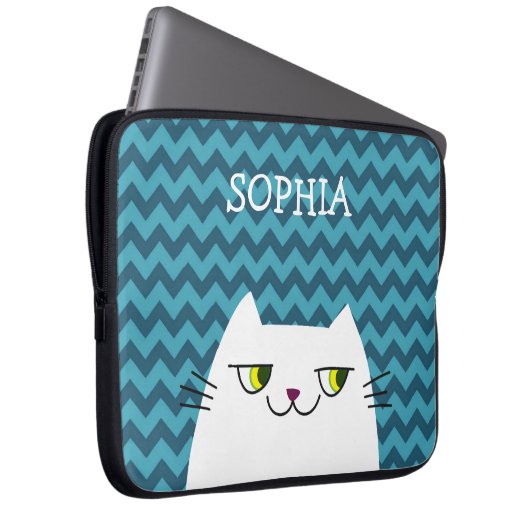Mit Monogramm weiße Katze und blaues Zig Zag Laptopschutzhülle (Vorne Rechts)