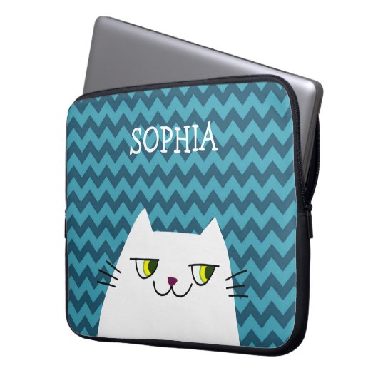 Mit Monogramm weiße Katze und blaues Zig Zag Laptopschutzhülle (Vorderseite Links)