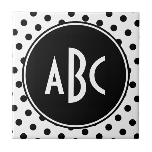 Mit Monogramm weiße und schwarze Polka-Punkte Fliese (Vorderseite)