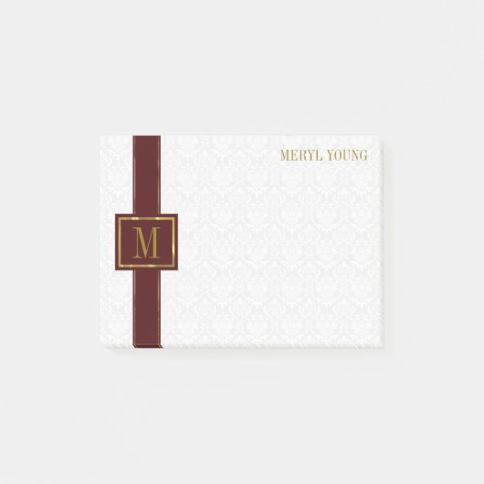 Mit Monogramm weißer Damast Post-it Klebezettel (Vorderseite)