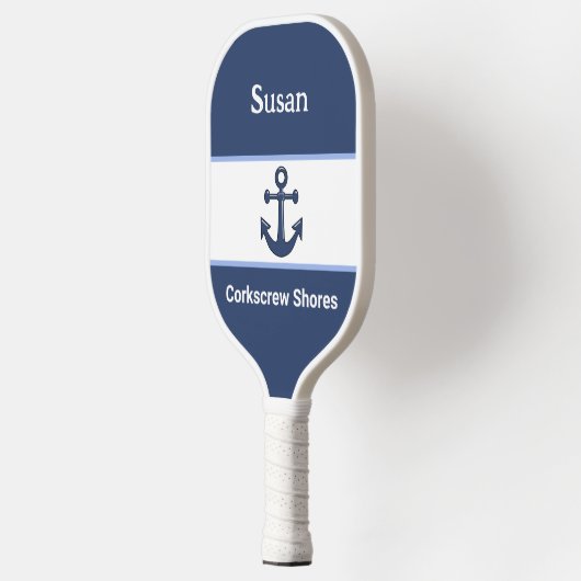 Mit Monogramm Weißer Navy-Blue-Anker Pickleball Schläger (Links)