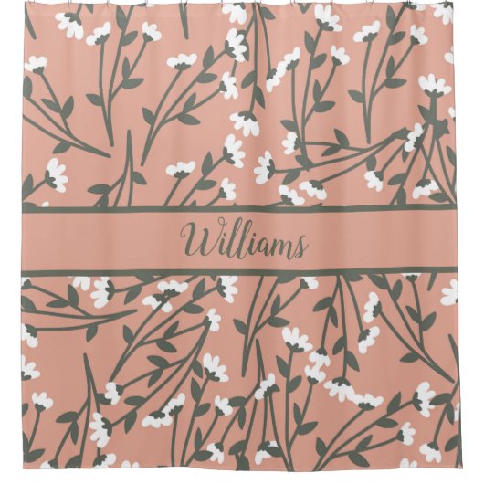 Mit Monogramm weißes Rosa und grünes Blumenmuster Duschvorhang (Vorderseite)