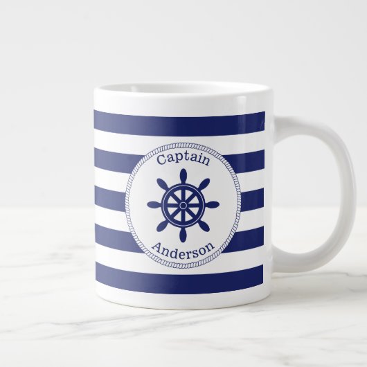 Mit Monogramm "Wheel Blue Stripe" des Schiffskapit Jumbo-Tasse (Rechts)