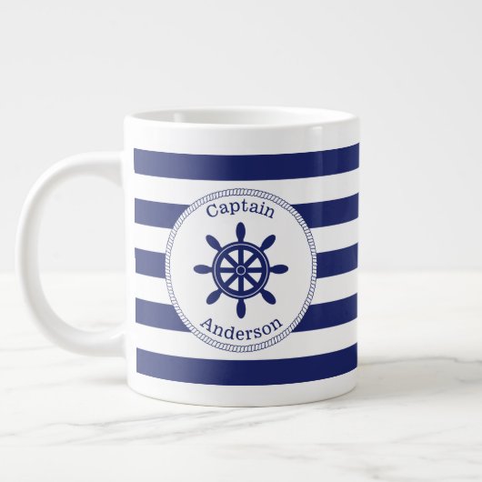 Mit Monogramm "Wheel Blue Stripe" des Schiffskapit Jumbo-Tasse (Links)