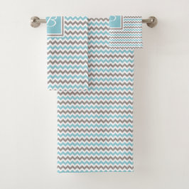 Mit Monogramm White Blue Gray Zickzack Badhandtuch Set