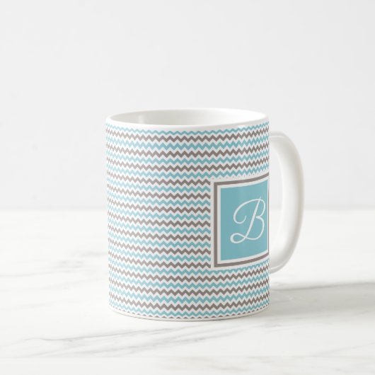 Mit Monogramm White Blue Gray Zickzack Kaffeetasse (VorderseiteRechts)