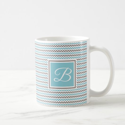 Mit Monogramm White Blue Gray Zickzack Kaffeetasse (Rechts)