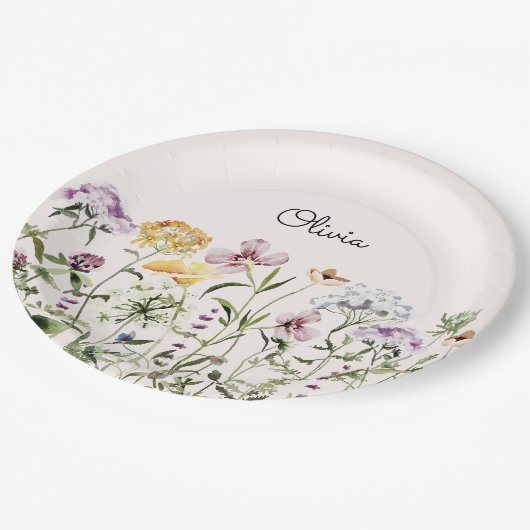 Mit Monogramm Wildblume Garten Pappteller (Schrägansicht)
