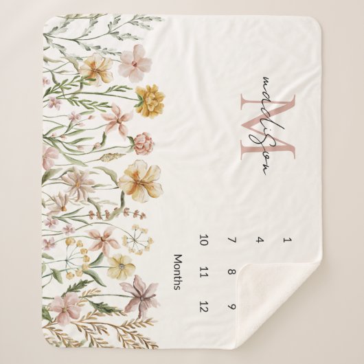 Mit Monogramm Wildblume Wasserfarbe Meilenstein Sherpadecke (Vorderseite)