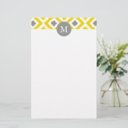 Mit Monogramm Yellow Grau Diamonds Ikat-Muster Briefpapier (Stehend Vorderseite)