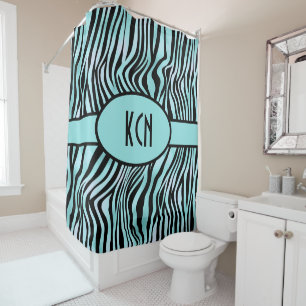 Mit Monogramm Zebra Schwarz und Aquamarin Türkis Duschvorhang
