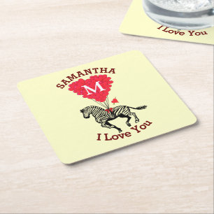 Mit Monogramm Zebra und rotes Herz personalisiert Rechteckiger Pappuntersetzer