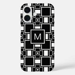 Mit Monogramm zeitgenössisches Schwarzweißmuster iPhone 16 Hülle