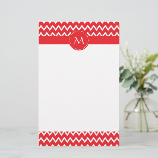 Mit Monogramm Zickzack Muster in Rot und Weiß Briefpapier (Stehend Vorderseite)