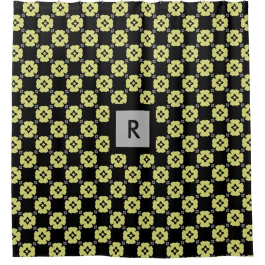 Mit Monogramm Zitronengrün Blumenmuster auf Schwar Duschvorhang (Vorderseite)