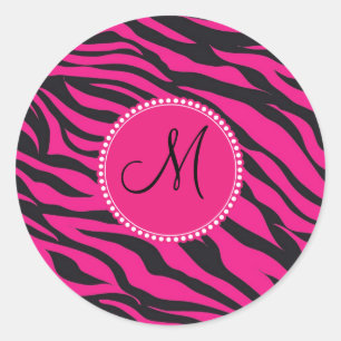 Mit Monogramm, zuerst rosa schwarzes Zebra Runder Aufkleber
