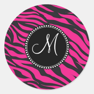 Mit Monogramm, zuerst rosa schwarzes Zebra Runder Aufkleber