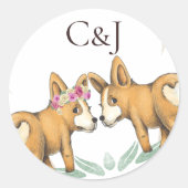 Mit Monogramm zwei Corgi-Hunde Hochzeit Runder Aufkleber (Vorderseite)