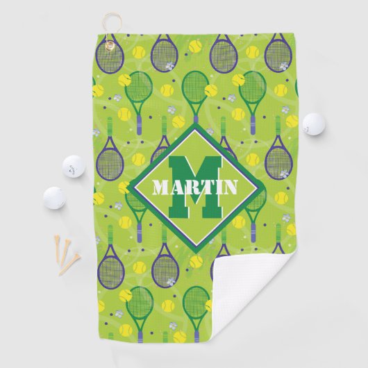 Mit Name & Initial, grüner und lila Tennisschläger Golfhandtuch (Insitu)