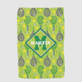 Mit Name & Initial, grüner und lila Tennisschläger Golfhandtuch (Vorderseite)
