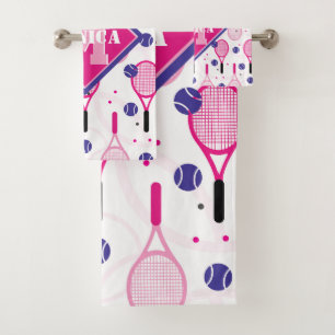 Mit Name und Initial, rosa und lila Tennisschläge Badhandtuch Set