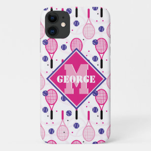 Mit Name und Initial, rosa und lila Tennisschläge Case-Mate iPhone Hülle