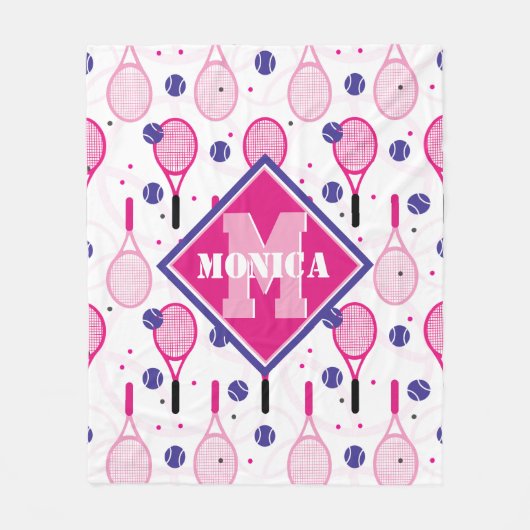 Mit Name und Initial, rosa und lila Tennisschläger Fleecedecke (Vorderseite)