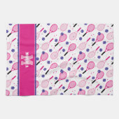 Mit Name und Initial, rosa und lila Tennisschläger Geschirrtuch (Horizontal)