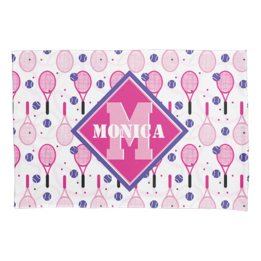 Mit Name und Initial, rosa und lila Tennisschläger Kissenbezug (Vorderseite)