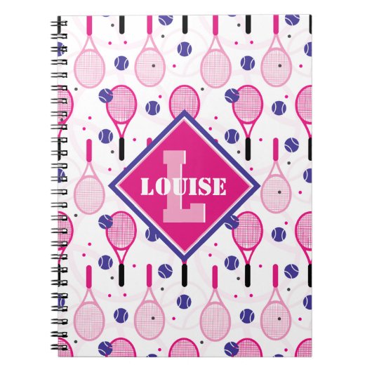 Mit Name und Initial, rosa und lila Tennisschläger Notizblock (Vorderseite)