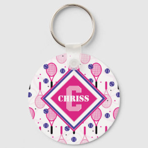 Mit Name und Initial, rosa und lila Tennisschläger Schlüsselanhänger