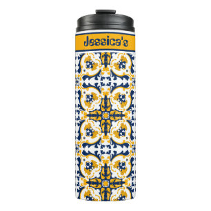 Mit Namen💙💛 Schöne blaue und gelbe Azulejos Thermosbecher