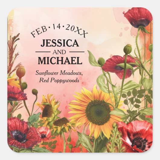 🌻 mit Namen Sunny Petals & Scarlet Blocks Quadratischer Aufkleber (Vorderseite)