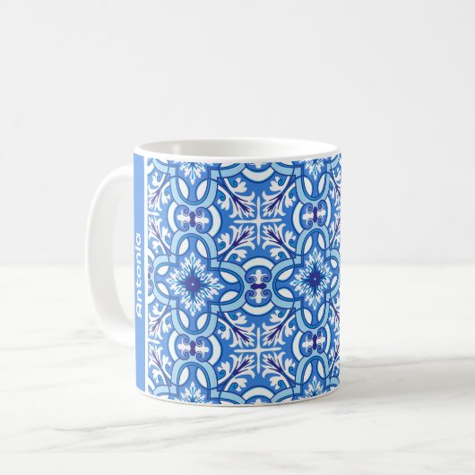 Mit Namen 🤍 Weiß und Blau 💙 Porto Azulejos Kaffeetasse (Vorderseite Links)
