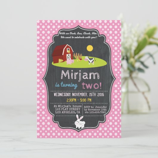 MIT OINK, BAA, CLUCK, MOO FARM BIRTHDAY EINLADUNG (Stehend Vorderseite)