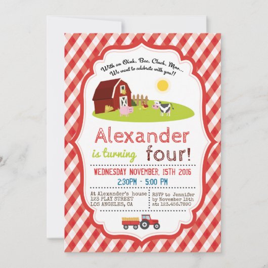 MIT OINK, BAA, CLUCK, MOO FARM BIRTHDAY EINLADUNG (Vorderseite)