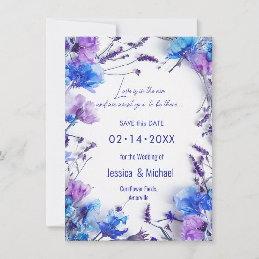 💍 mit QR-Code Cornflowers und Lavender Elegance Save The Date (Vorderseite)