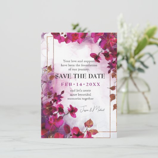 Mit QR-Code Fuchsia Verzauberung: Wasserfarbe Save The Date (Stehend Vorderseite)