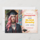 🎓Mit QR-Code Horizontal Pink & Gold Floral Einladung (Vorderseite)