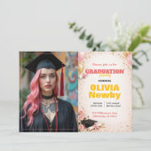 🎓Mit QR-Code Horizontal Pink & Gold Floral Einladung (Stehend Vorderseite)