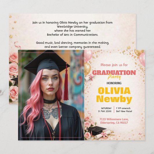 🎓Mit QR-Code Horizontal Pink & Gold Floral Einladung (Vorne/Hinten)