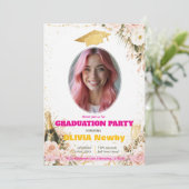 🎓Mit QR-Code Pink & Floral Celebration Absolvent Einladung (Stehend Vorderseite)