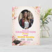 🎓Mit QR-Code Rosa & Luftballon Glow-Abschlussfeie Einladung (Stehend Vorderseite)