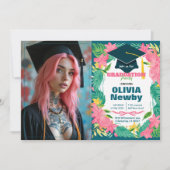 🎓Mit QR-Code Tropical Bloom Einzelnes Foto Einladung (Vorderseite)