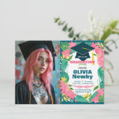 🎓Mit QR-Code Tropical Bloom Einzelnes Foto Einladung (Stehend Vorderseite)